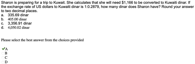 Sharon is preparing for a trip to Kuwait. She calculates that she will need $1,166 to-example-1