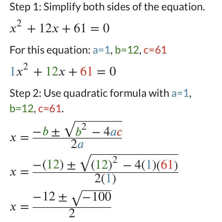 Find the roots of x^2 + 12x + 36 + 25 = 0.-example-1