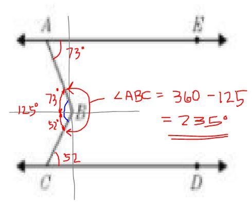 In the diagram below, the lines are parallel. m∠BCD = 52° and m∠EAB = 73°. What is-example-1