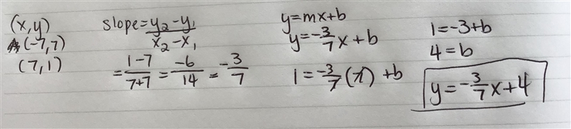 Write the equation of the line passing through the points (-7,7) and (7,1).-example-1