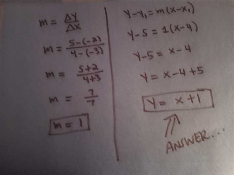 Write the equation of the line that goes through the points (-3, -2) and (4, 5).-example-1