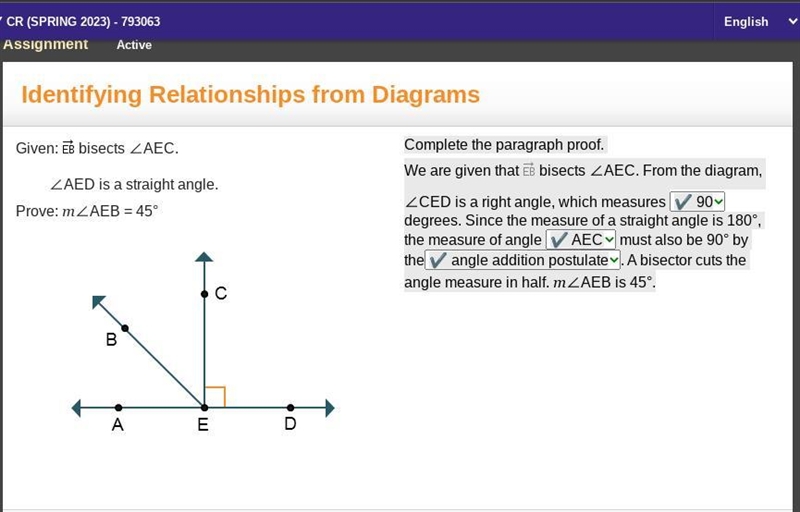 Complete the paragraph proof. We are given that Ray E B bisects ∠AEC. From the diagram-example-1