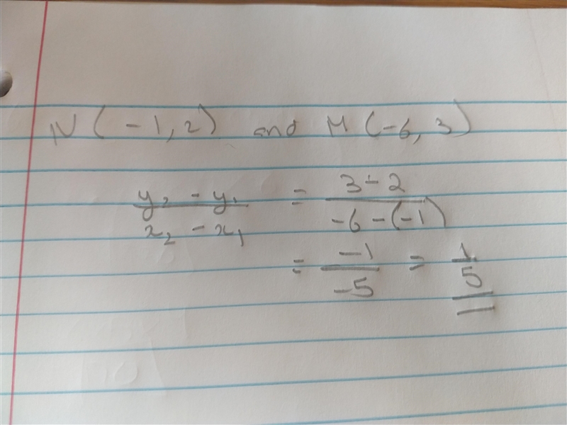 Find the gradient of the line segment between the points N(-1,2) and M(-6,3)​-example-1