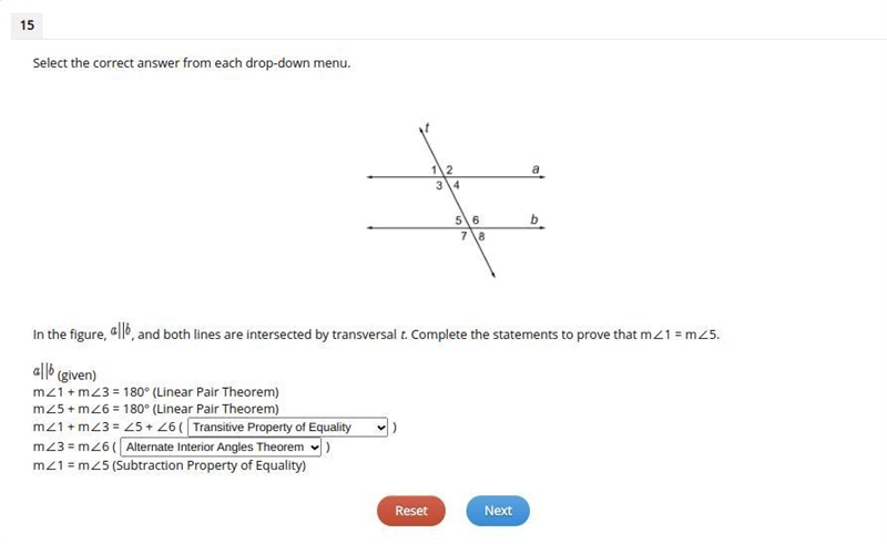 In the figure, a//b, and both lines are intersected by transversal t. Complete the-example-1