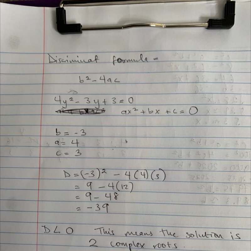 Find the discriminant. 4y? – 3y + 3 = 0-example-1