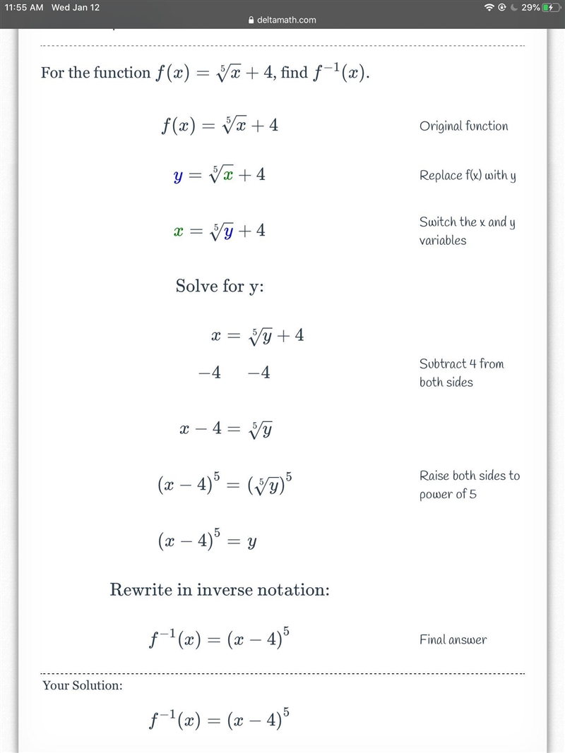 Find the inverse of the function: f ( x ) = 1 5 x + 4 Group of answer choices f − 1 ( x-example-1