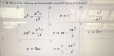 Which of the following are dimensionally consistent? (Choose all that apply.)(a) a-example-1