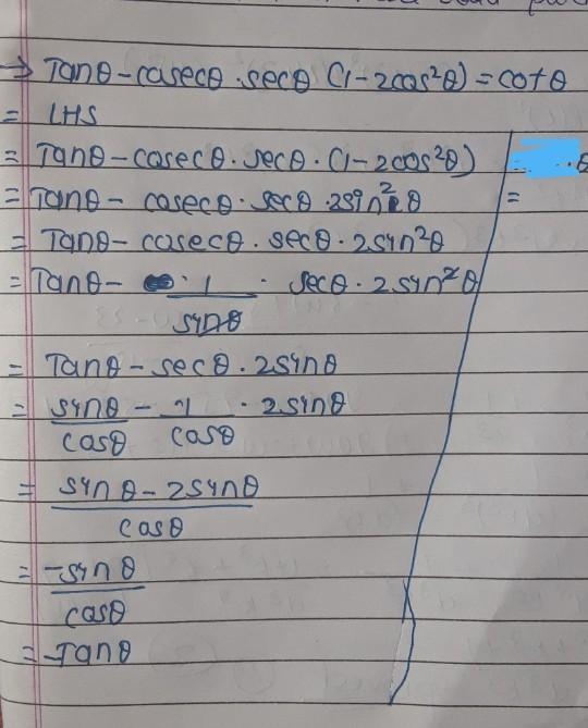 Tanθ - cosecθ secθ (1-2 cos²θ) = cotθ​-example-1