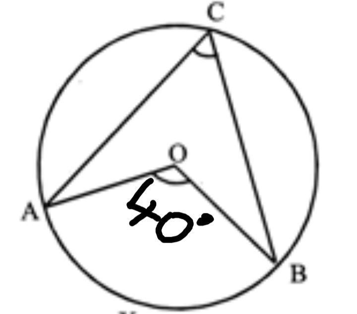 If the measure of angle AOB is 40 degrees what is the measure of angle ACB in a circle-example-1