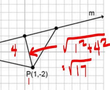 Find the distance from the point P to line m in the given figure. A) √(170)B)√(85) C-example-1