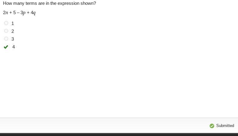 How many terms are in the expression shown? 2n+5-3p+4q-example-1