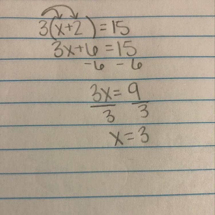 What is 3(x+2)=15 3(x + 2) = 15 ​-example-1