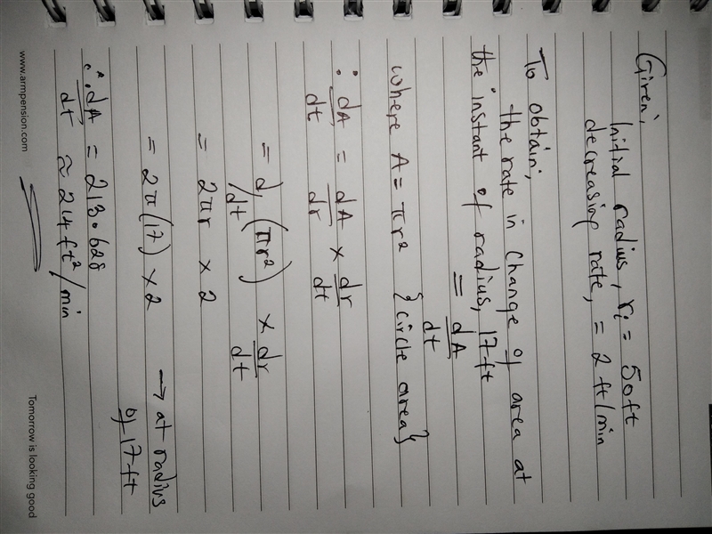 A circle has an initial radius of 50 ft when the radius begins decreasing at the rate-example-1