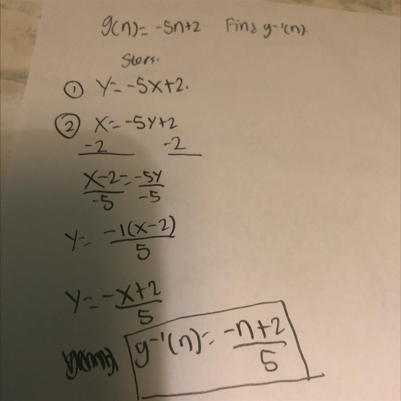 Which equation is the inverse of the function CO B 2 ☺ ☺ g(n)= -5n+2 A) g - (n) --n-example-1