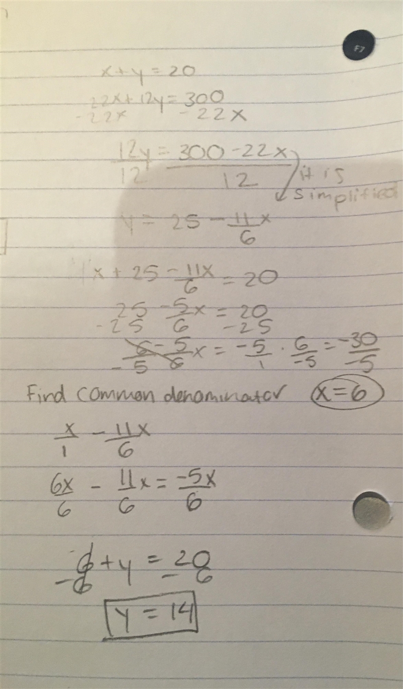 Simultaneous liner equations X+y=20 22x+12y=300 The answer is x=6 and y=14 I just-example-1