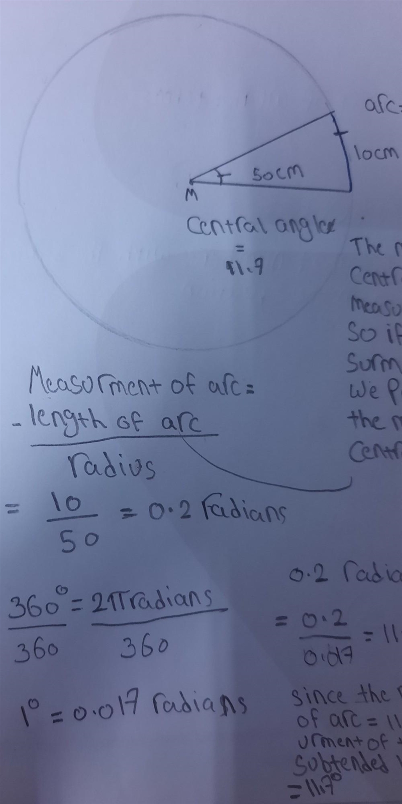 a central angle of circle of radius 50cm intercept an arc of 10 cm .Express central-example-2