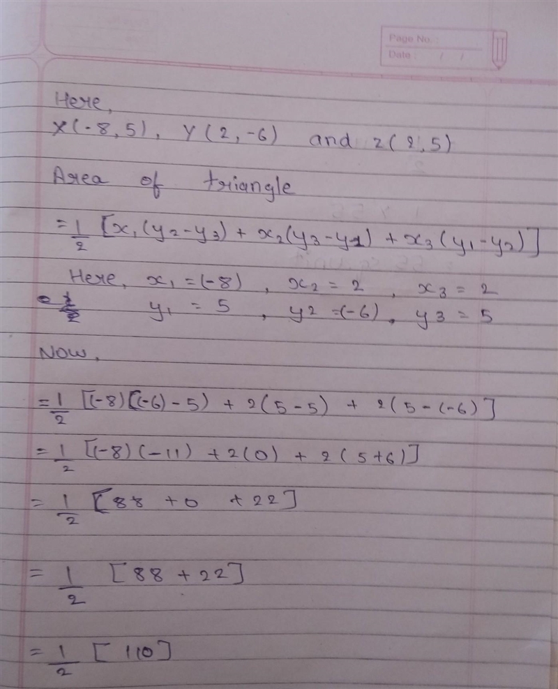 Find the area of △XYZ with vertices X(-8,5), Y(2,-6), and Z(2,5).-example-1