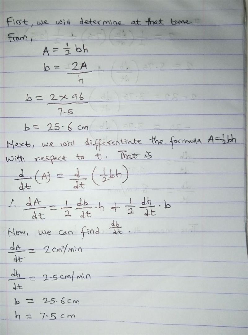 The altitude of a triangle is increasing at a rate of 2.5 centimeters/minute while-example-2