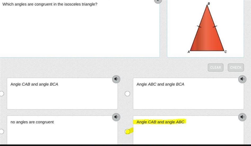 Which angles are congruent in the isosceles triangle? Angle CAB and angle BCA Angle-example-1