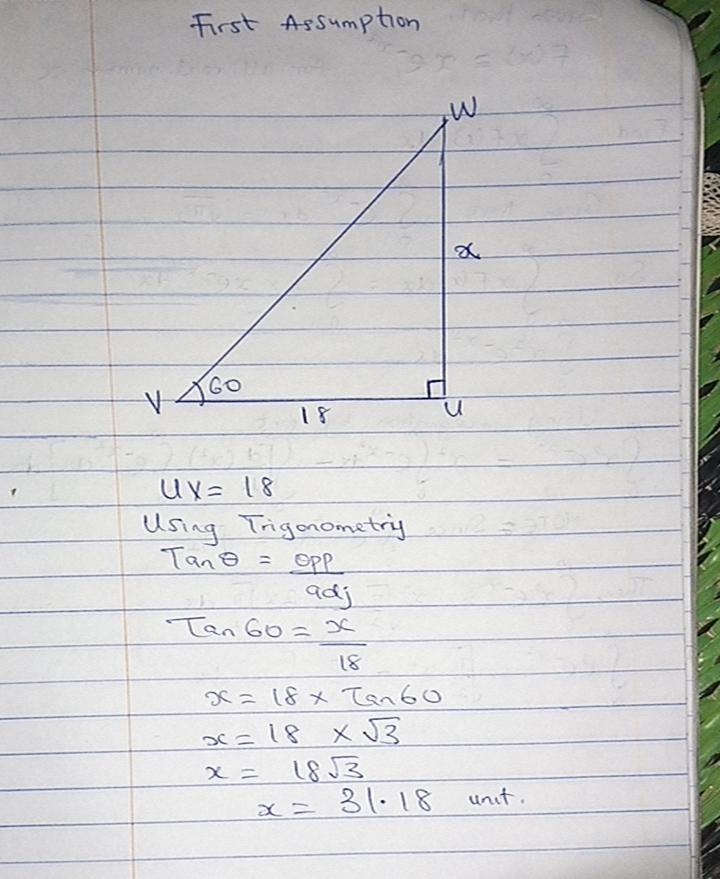 In the right triangle shown, m V = 60° and UV = 18. 60° How long is UW?-example-1