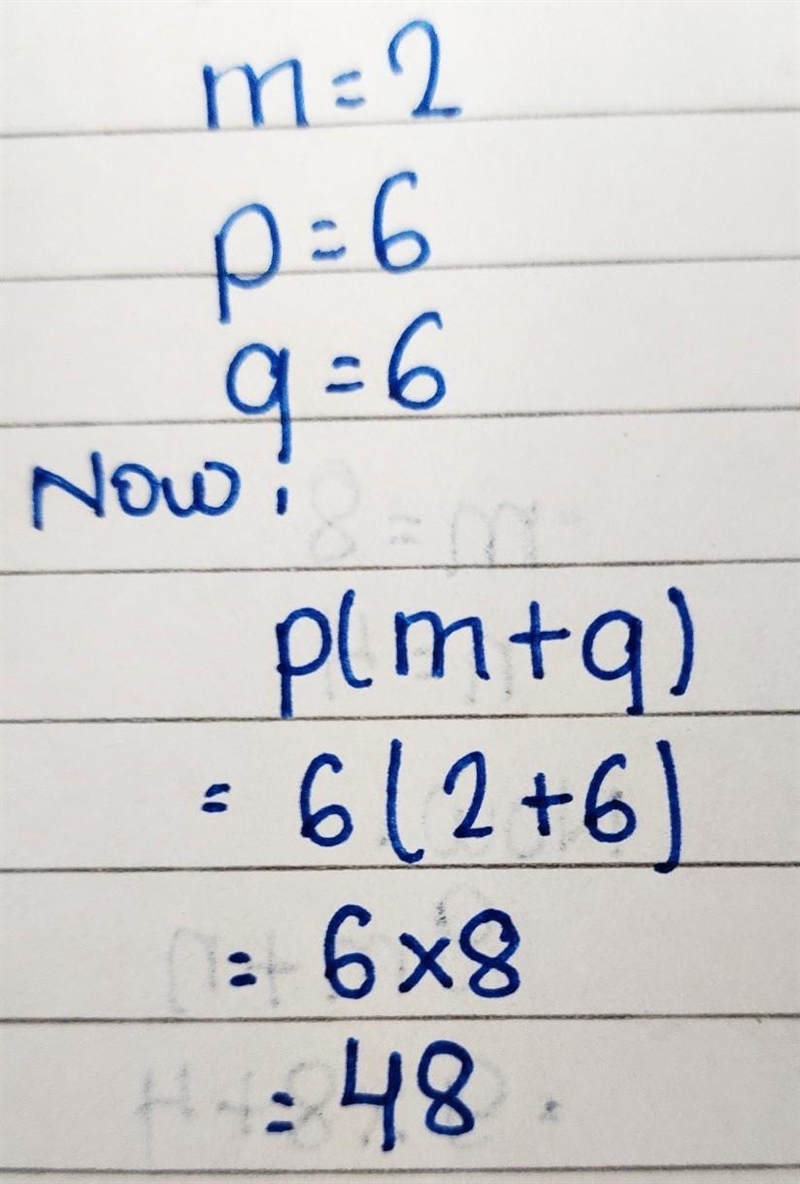 Evaluate p(m+q); use m=2, p= 6, and q= 6​-example-1