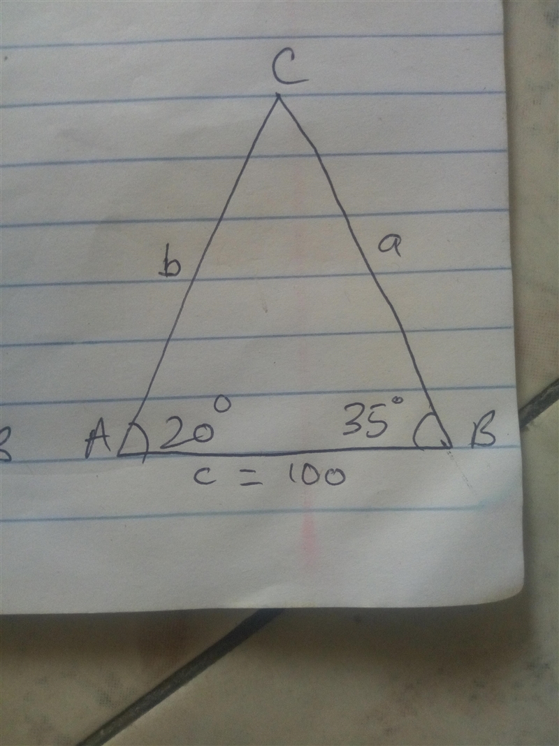 In the triangle ABC if angle A is 20 degrees, angle B is 35 degrees and the side between-example-1