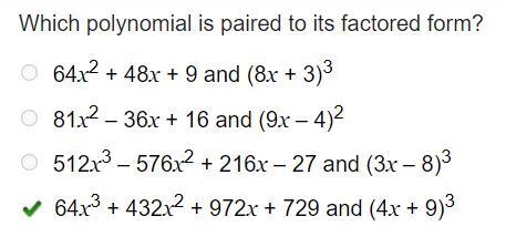 Which polynomial is paired to its factored form? 36x2 + 18x + 9 and (6x + 3)2 49x-example-1