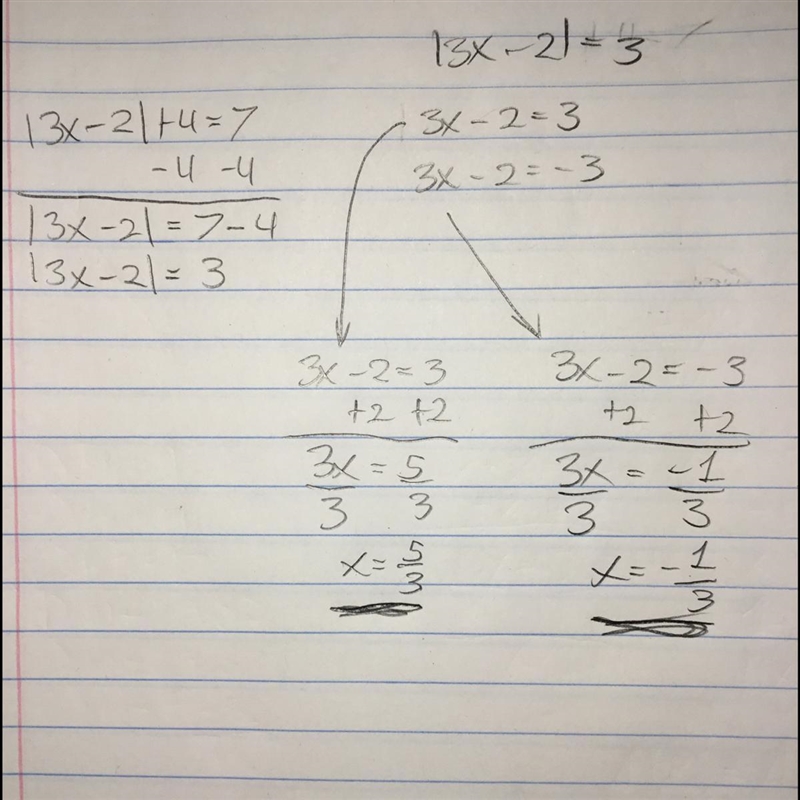 How do i solve this absolute value equation |3x-2|+4=7?-example-1