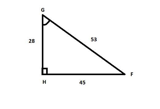 In ΔFGH, the measure of ∠H=90°, GF = 53, HG = 28, and FH = 45. What ratio represents-example-1