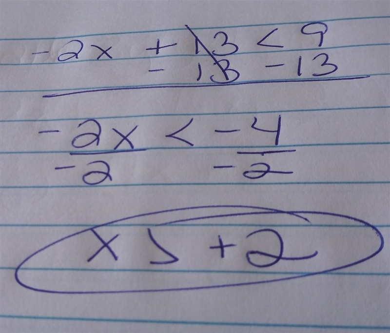 The solution of –2x + 13 < 9 is-example-1