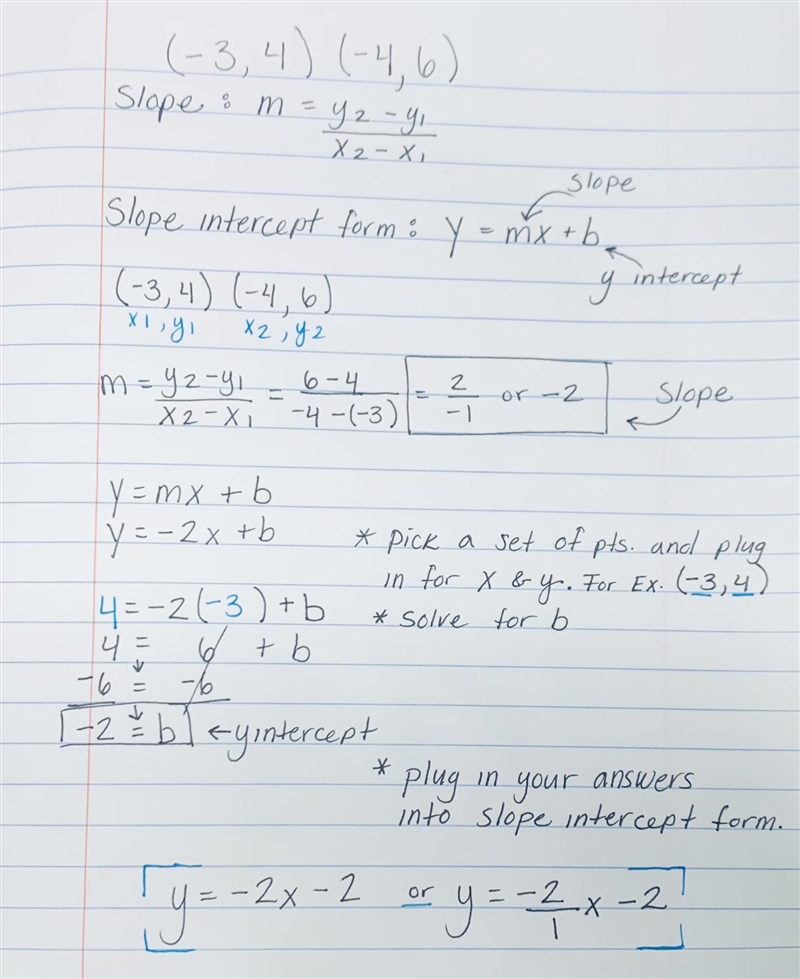 Write an equation for the line that passes through the points (-3,4) and (-4,6) in-example-1