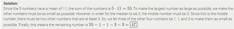 A list of five positive integers has a median of 3 and a mean of 11. What is the maximum-example-1