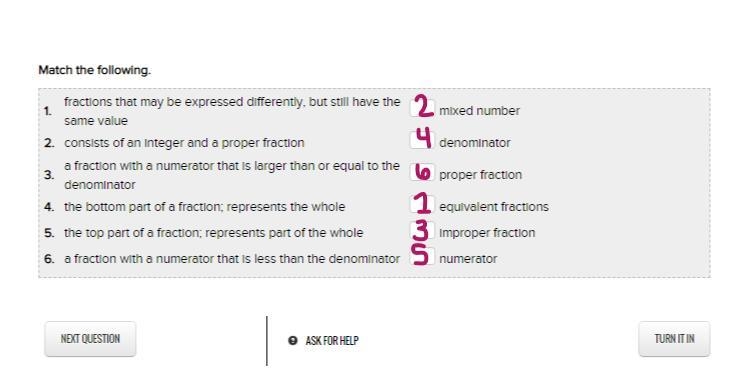 Match the following. 1. fractions that may be expressed differently, but still have-example-1