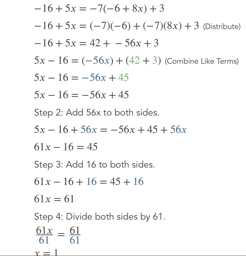 -16 + 5x = -7(-6 + 8x) + 3 solvde for x-example-1