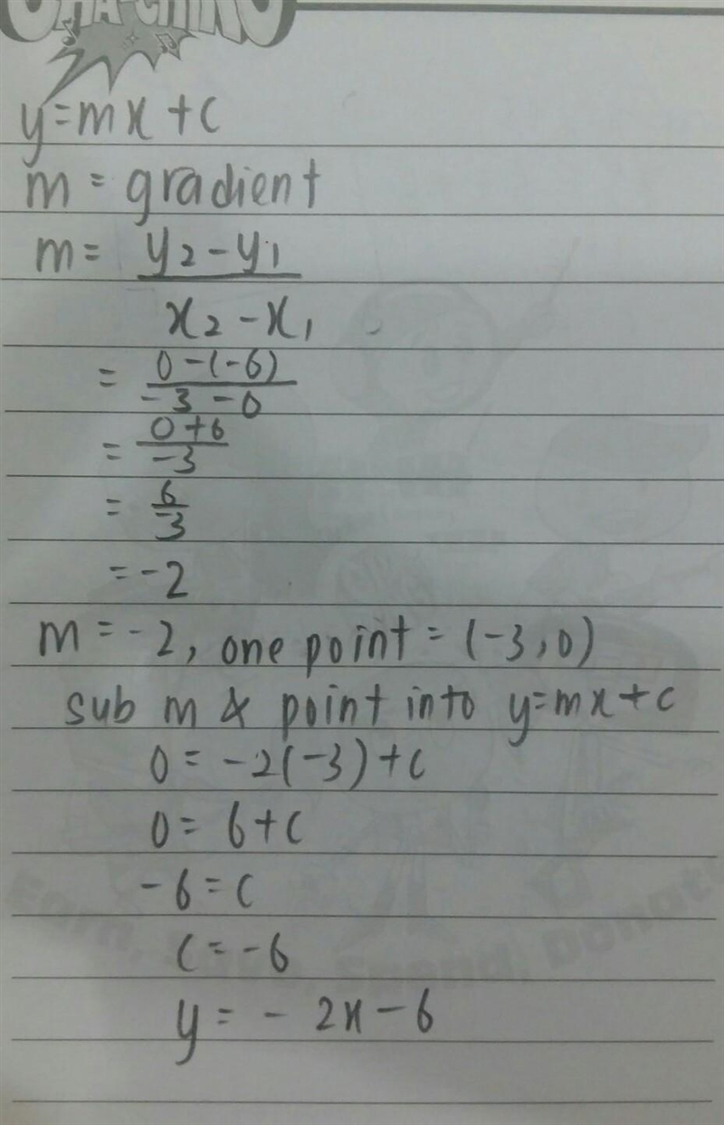 Write an equation of each line in slope-intercept form 1) Y=-6x-3 2) Y=-2x-6 3) Y-example-1