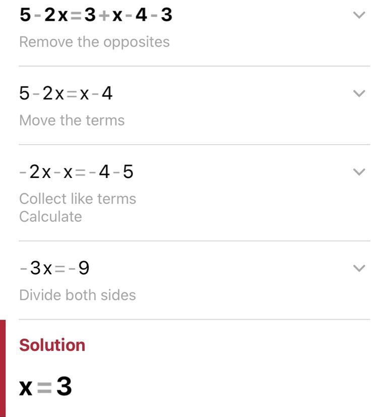 Need help asap How many solutions does 5 - 2x = 3 + x -4 - 3 have A. No solution B-example-1