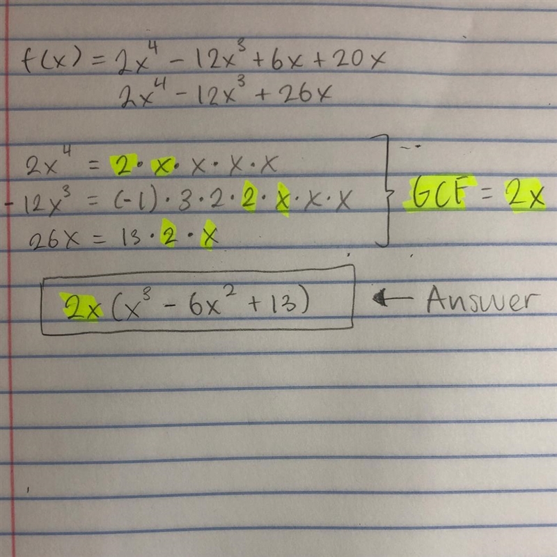 Factor f(x)= 2x^4 -12x^3 +6x +20x and please show all steps-example-1