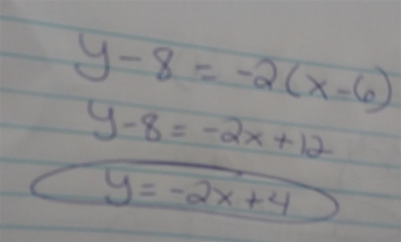 What is the equation of a line with a slope of -2 that passes through the point(6,8)-example-1