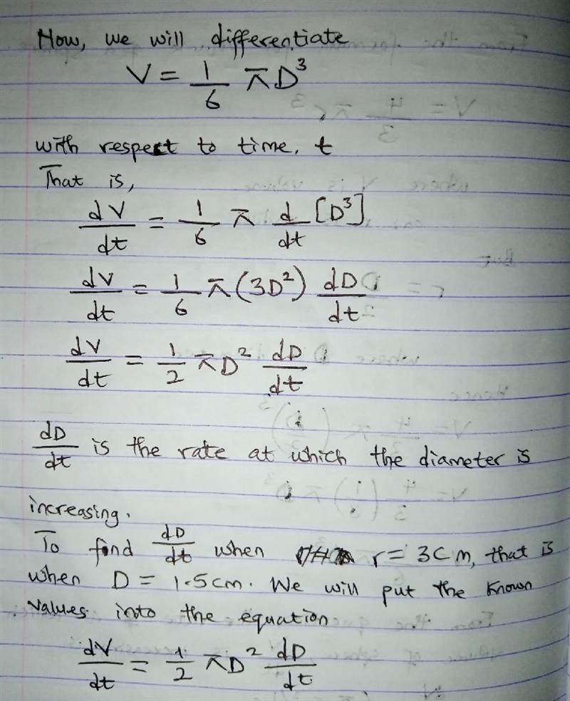 The volume of a sphere is increasing at a rate of 6π cubic centimeters per hour. At-example-2