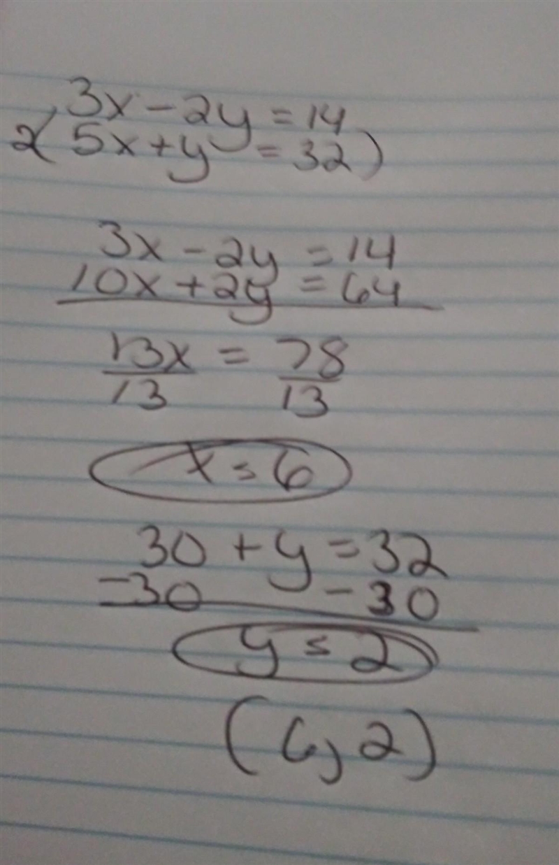 What is the solution to this system of linear equations? 3x – 2y = 14 5x + y = 32-example-1