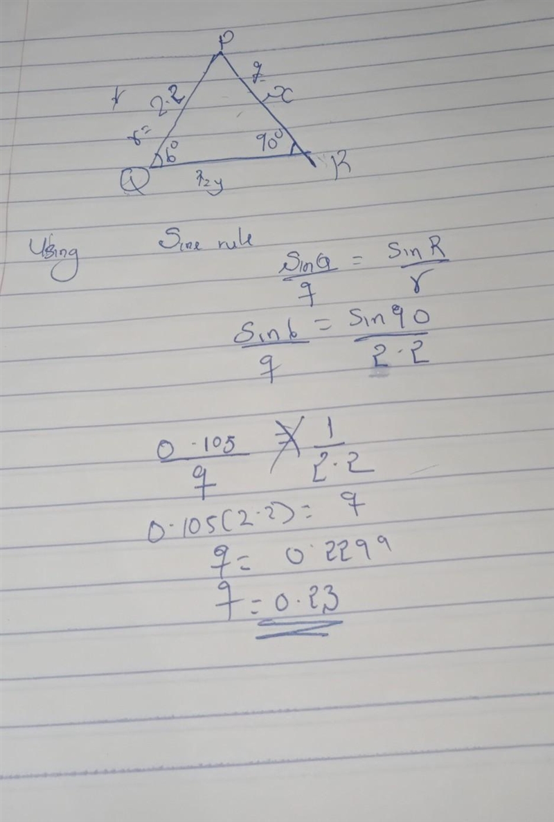 In ΔPQR, the measure of ∠R=90°, the measure of ∠Q=6°, and PQ = 2.2 feet. Find the-example-1