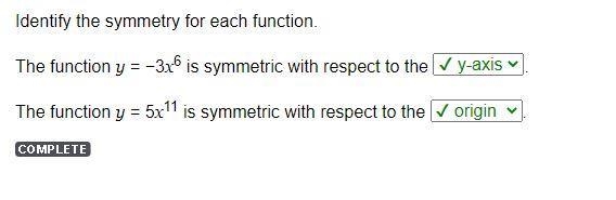 Identify the symmetry for each function. the function y = -3x^6 is symmetric with-example-1