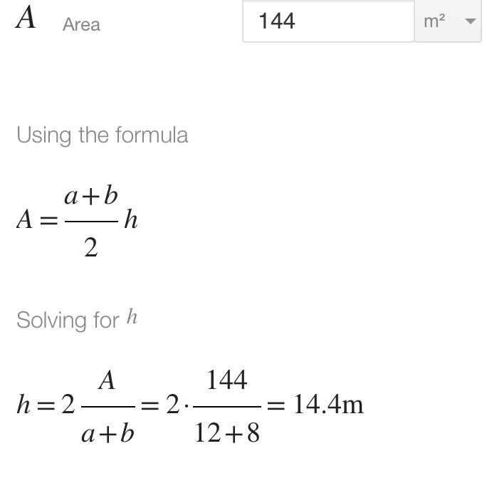 One base of a trapezoid measures 12 meters, and the other base measures 8 meters. If-example-1