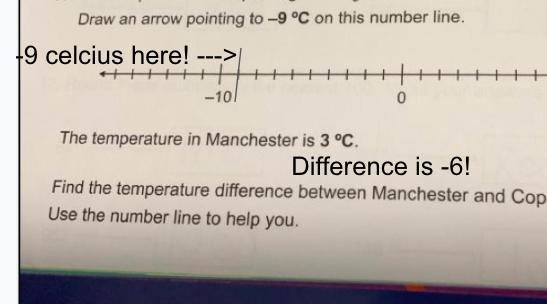 7. The temperature in Copenhagen is -9 °C. Draw an arrow pointing to -9 °C on this-example-1