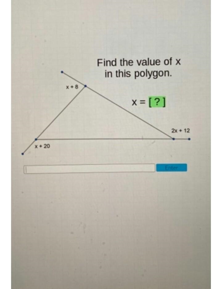 Polygon Angle Sums - Part 2 Acellus Find the value of x in this polygon. X + 8 x= [?] 2x-example-1