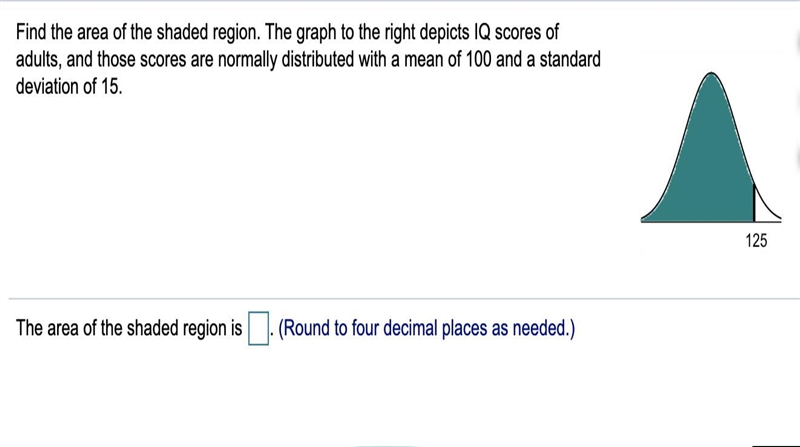 Find the area of the shaded region. The graph to the right depicts IQ scores of adults-example-1