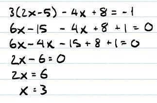 What is the value of x in this equation? 3(2x − 5) − 4x + 8 = −1 ​−6 ​−2 3 4-example-1