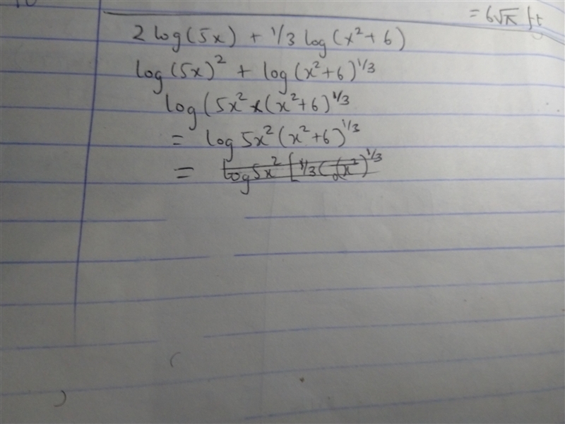 What is 2 log (5x) +1/3 log (x2+6-example-1