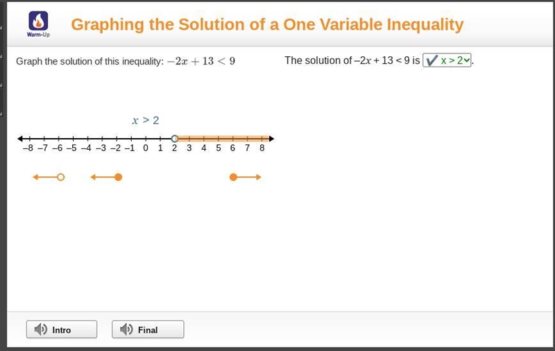 The solution of –2x + 13 < 9 is-example-1