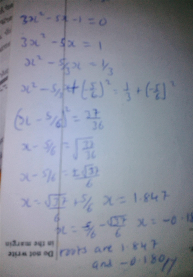 Find the roots for y = 3x2 - 5x - 1 *need answer soon please* *work must be shown-example-1